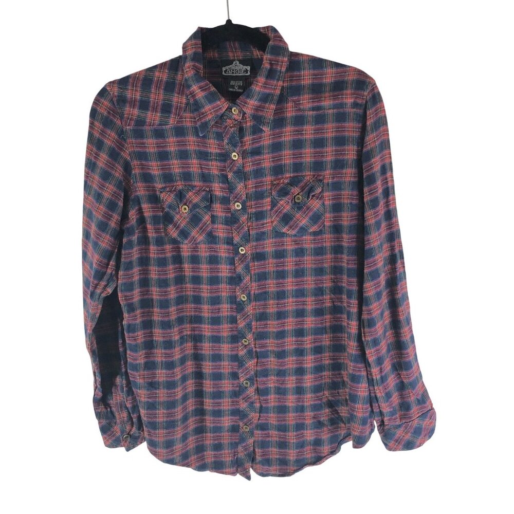 Angie Womens Flannel Shirt Button Down Pockets Plaid Red Blue Size L
